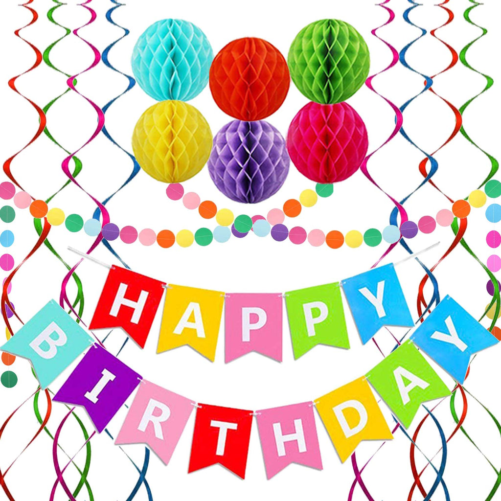 ALLFUN Rainbow Birthday Banner Set with Honeycomb Balls, Metallic Swirls, and Circle Garland