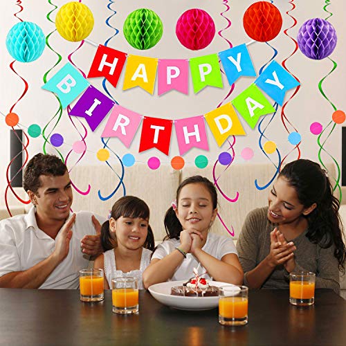 ALLFUN Rainbow Birthday Banner Set with Honeycomb Balls, Metallic Swirls, and Circle Garland
