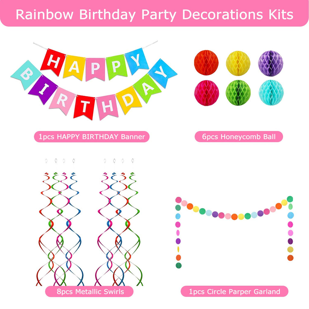 ALLFUN Rainbow Birthday Banner Set with Honeycomb Balls, Metallic Swirls, and Circle Garland