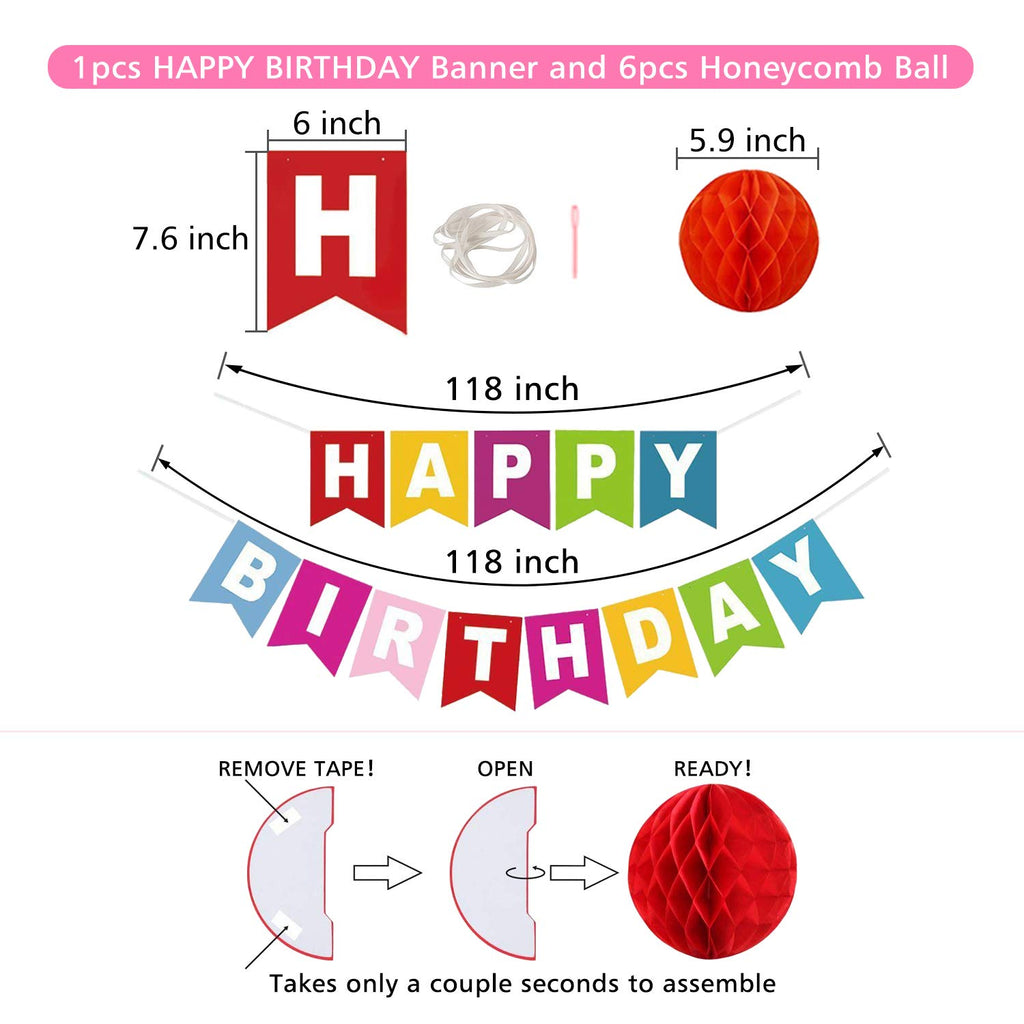 ALLFUN Rainbow Birthday Banner Set with Honeycomb Balls, Metallic Swirls, and Circle Garland