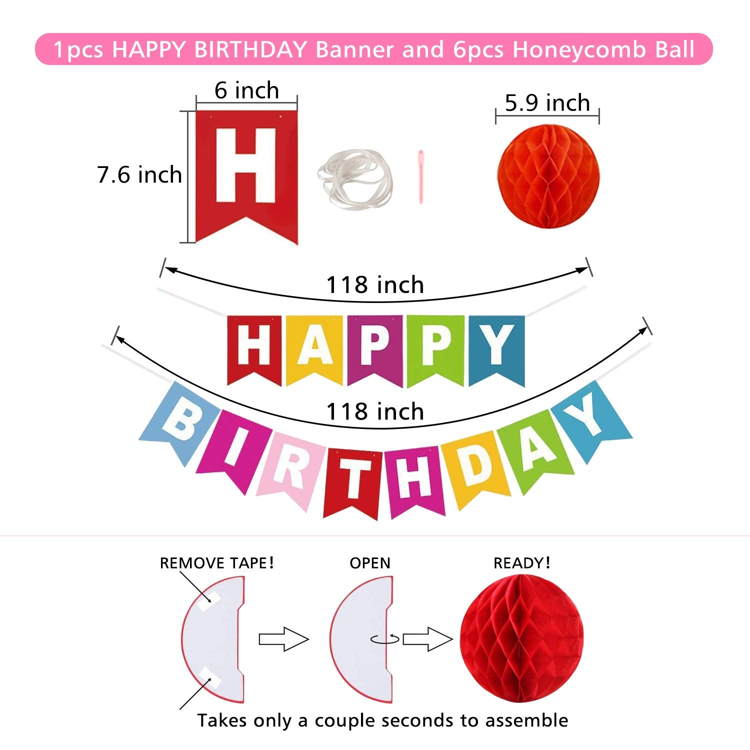 ALLFUN Rainbow Birthday Banner Set with Honeycomb Balls, Metallic Swirls, and Circle Garland