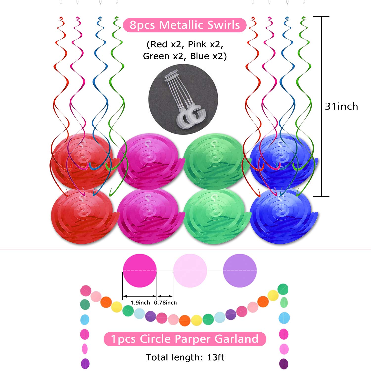 ALLFUN Rainbow Birthday Banner Set with Honeycomb Balls, Metallic Swirls, and Circle Garland