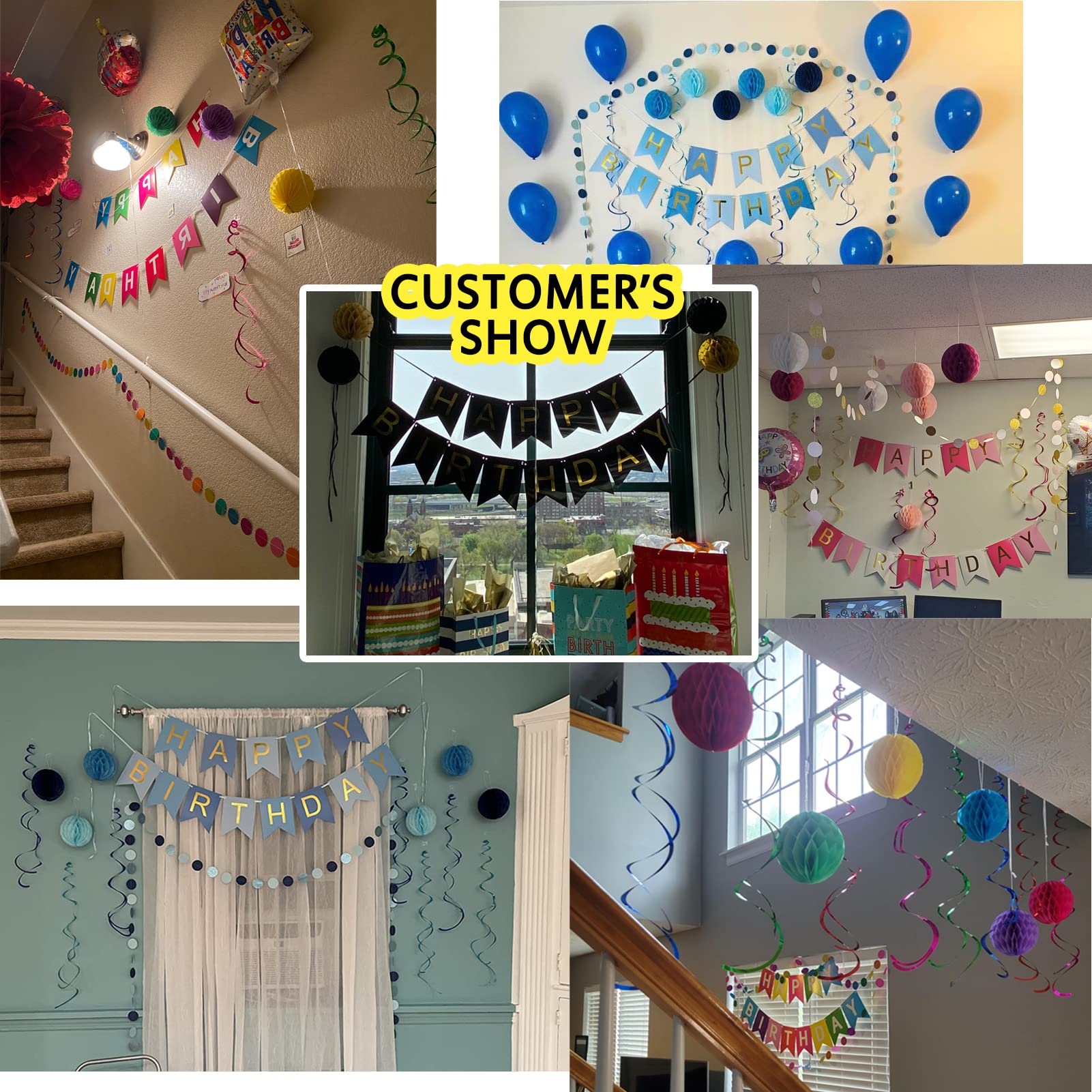 ALLFUN Rainbow Birthday Banner Set with Honeycomb Balls, Metallic Swirls, and Circle Garland