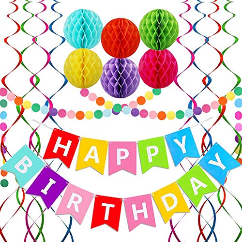 ALLFUN Rainbow Birthday Banner Set with Honeycomb Balls, Metallic Swirls, and Circle Garland