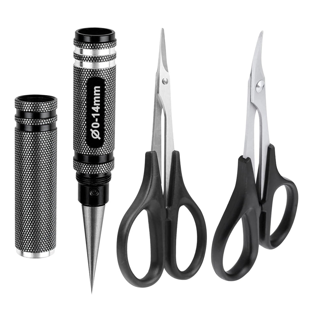 AllinRC RC Body Reamer Hole Puncher Combo Set – 0-14mm Adjustable Reamer, Straight & Curved Scissors (Black)