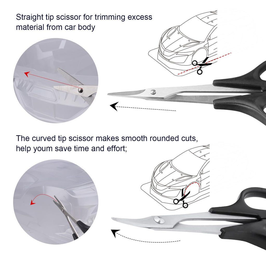 AllinRC RC Body Reamer Hole Puncher Combo Set – 0-14mm Adjustable Reamer, Straight & Curved Scissors (Black)