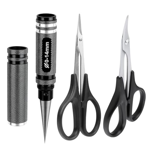 AllinRC RC Body Reamer Hole Puncher Combo Set – 0-14mm Adjustable Reamer, Straight & Curved Scissors (Black)