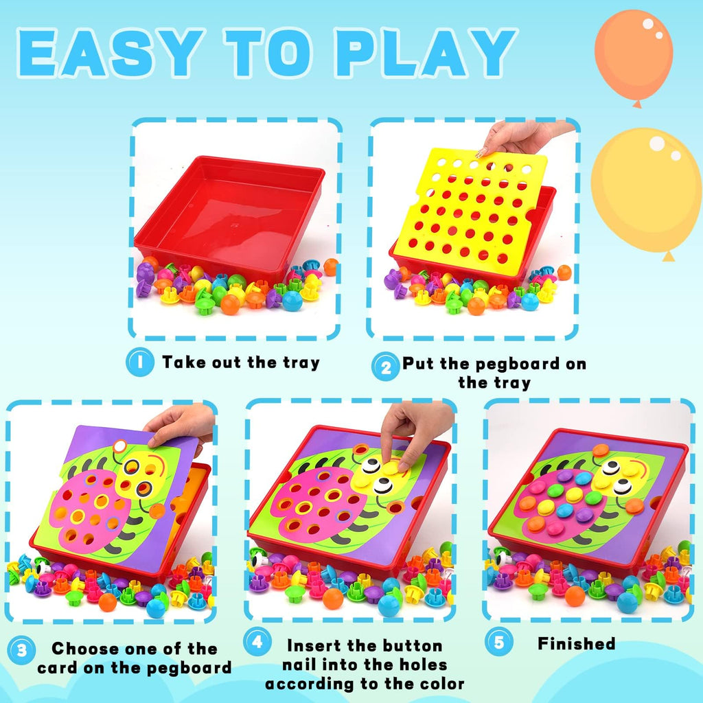AluAbi Button Art Toys for Toddlers - Color Matching Mosaic Pegboard with 46 Buttons and 12 Pictures - Fine Motor Skills STEM Toy for Ages 3+