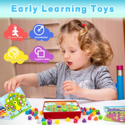 AluAbi Button Art Toys for Toddlers - Color Matching Mosaic Pegboard with 46 Buttons and 12 Pictures - Fine Motor Skills STEM Toy for Ages 3+