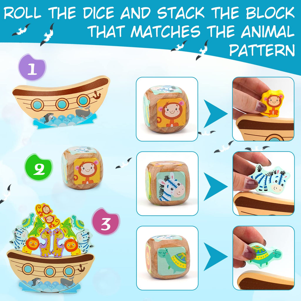 AluAbi Noah's Ark Wooden Balance Stacking Toy – Family Board Game for Kids & Adults