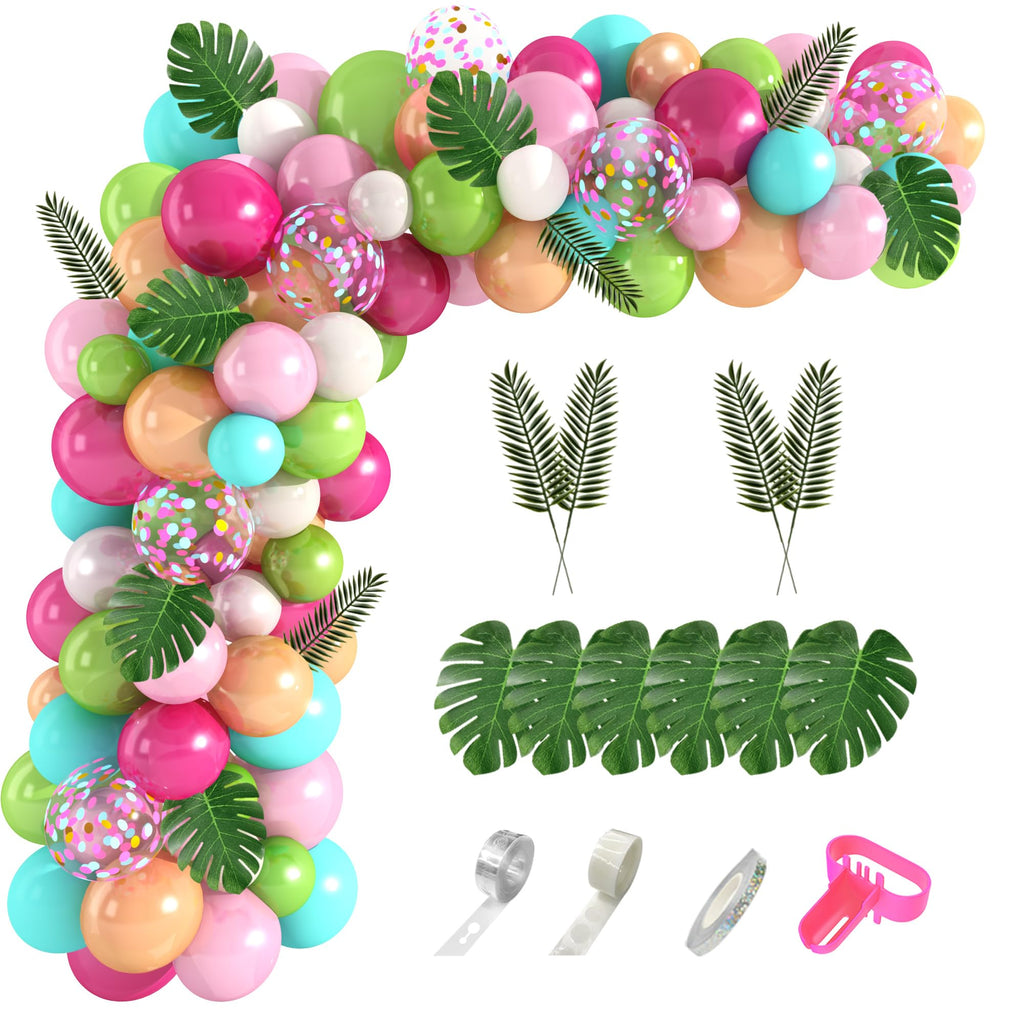 Amandir 151-Piece Tropical Balloon Arch Kit – Green, Pink, Confetti Latex & Palm Leaves