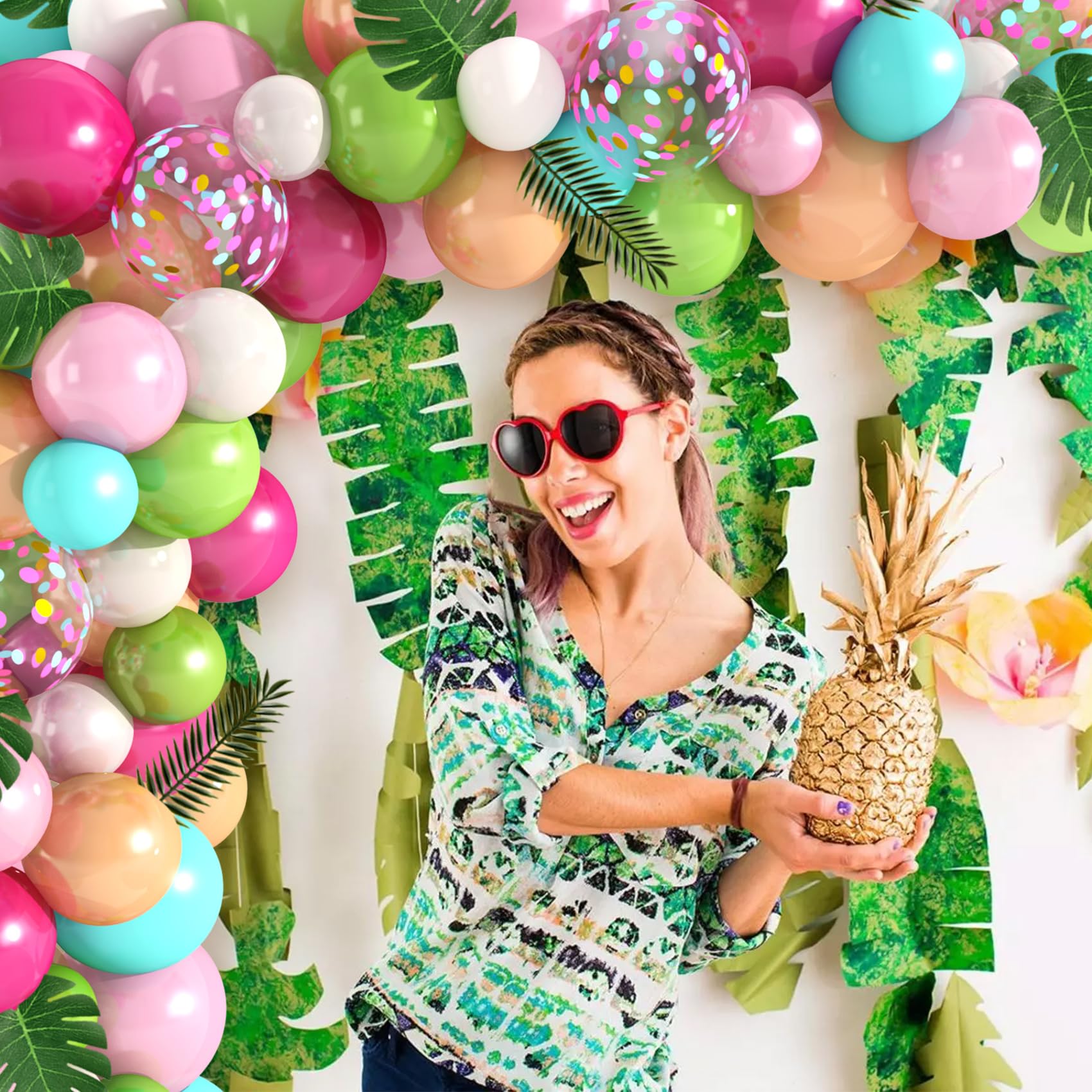 Amandir 151-Piece Tropical Balloon Arch Kit – Green, Pink, Confetti Latex & Palm Leaves