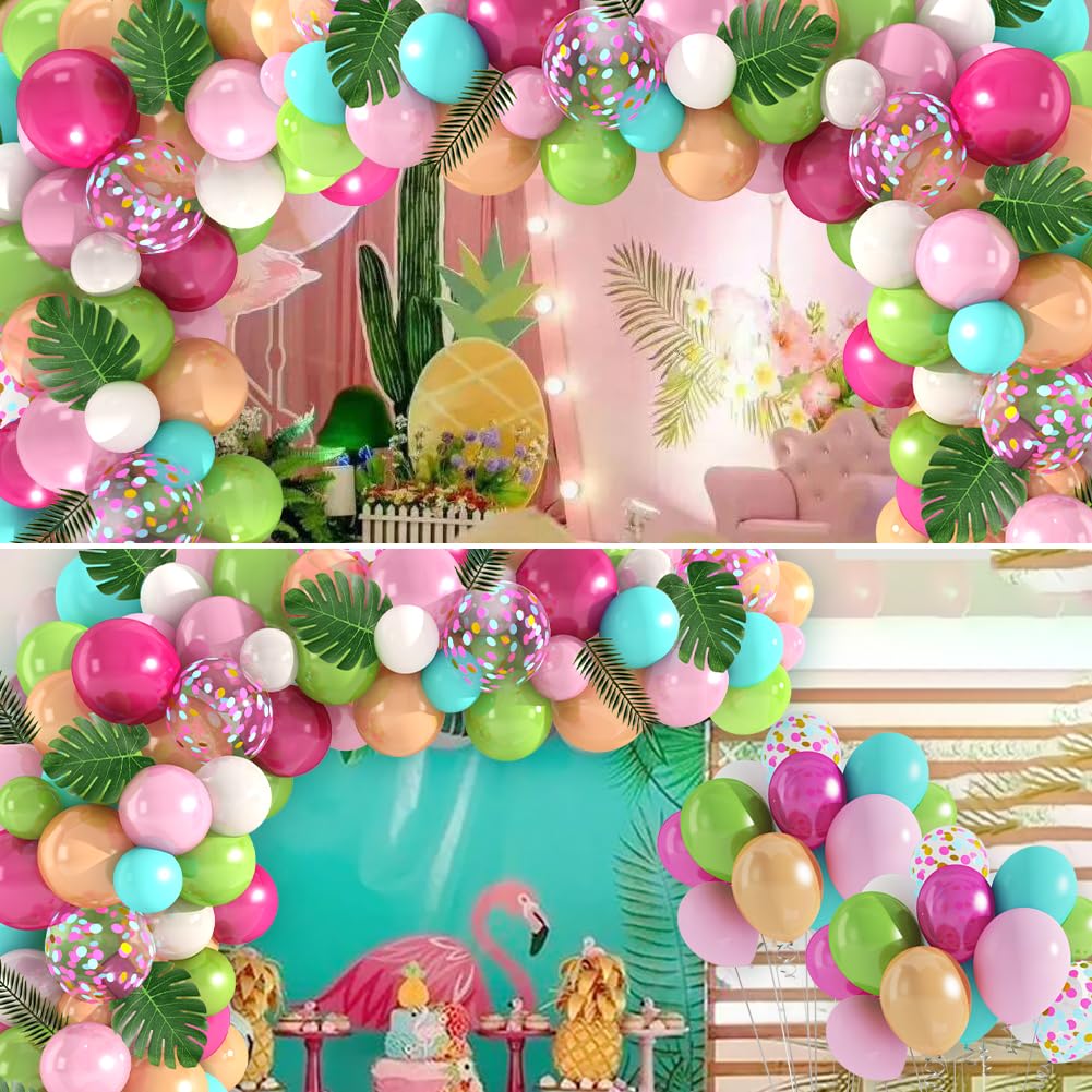 Amandir 151-Piece Tropical Balloon Arch Kit – Green, Pink, Confetti Latex & Palm Leaves