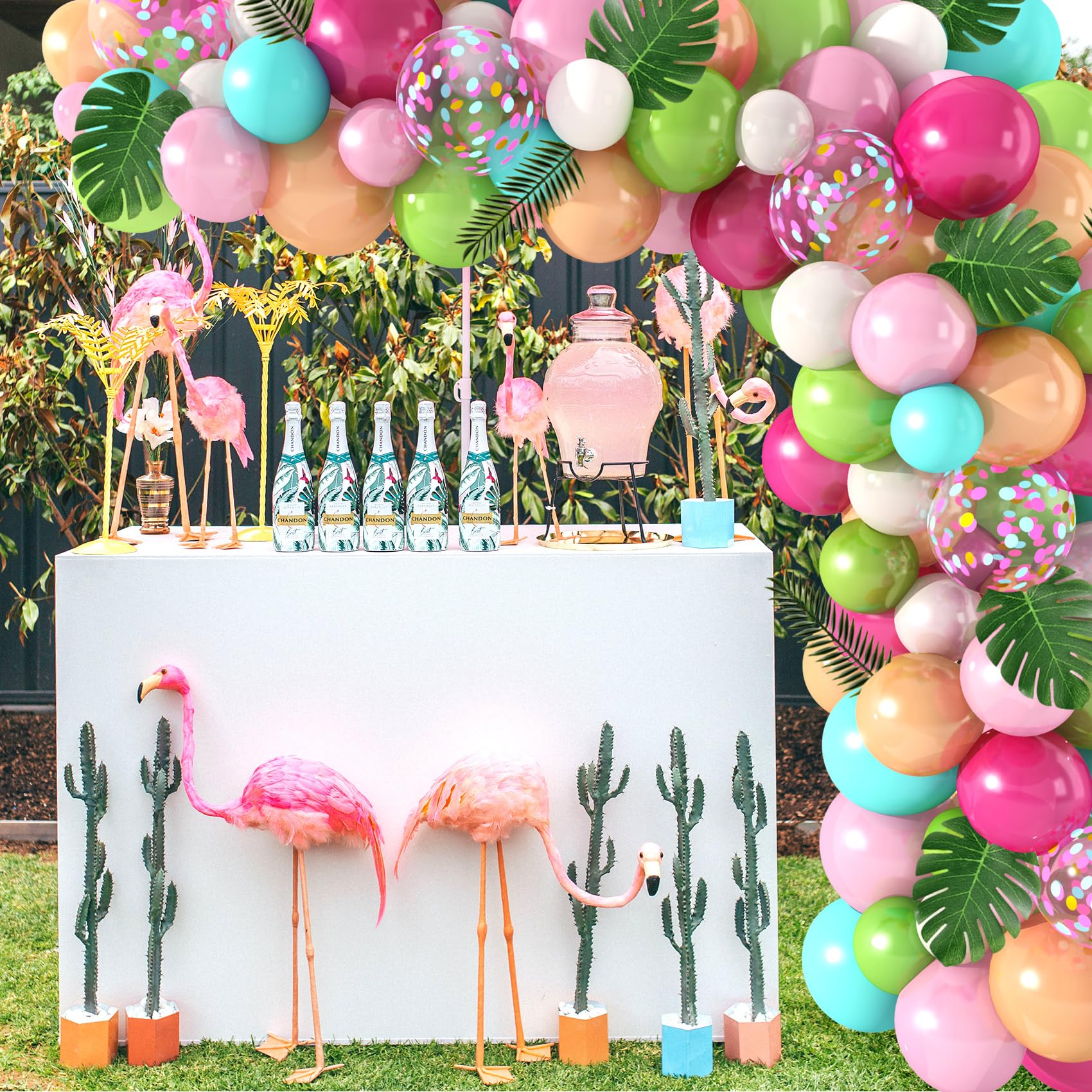 Amandir 151-Piece Tropical Balloon Arch Kit – Green, Pink, Confetti Latex & Palm Leaves