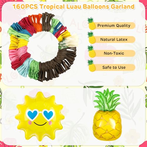 Amandir 160-Piece Hawaiian Luau Balloon Arch Kit with Aloha Foil Balloons, Pineapple, Palm Tree - Tropical Summer Party Decorations
