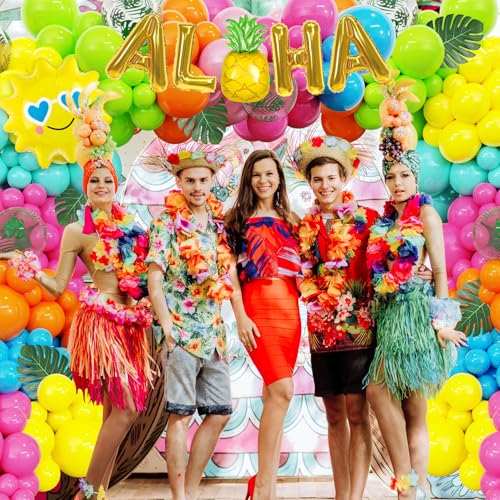 Amandir 160-Piece Hawaiian Luau Balloon Arch Kit with Aloha Foil Balloons, Pineapple, Palm Tree - Tropical Summer Party Decorations