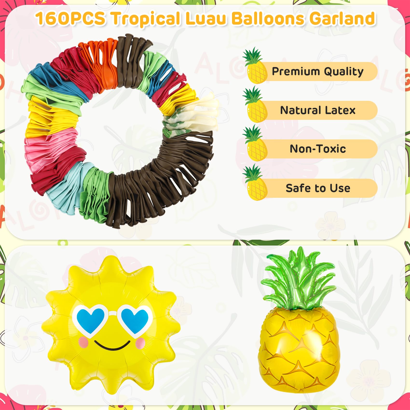 Amandir 160-Piece Hawaiian Luau Balloon Arch Kit with Aloha Foil Balloons, Pineapple, Palm Tree - Tropical Summer Party Decorations