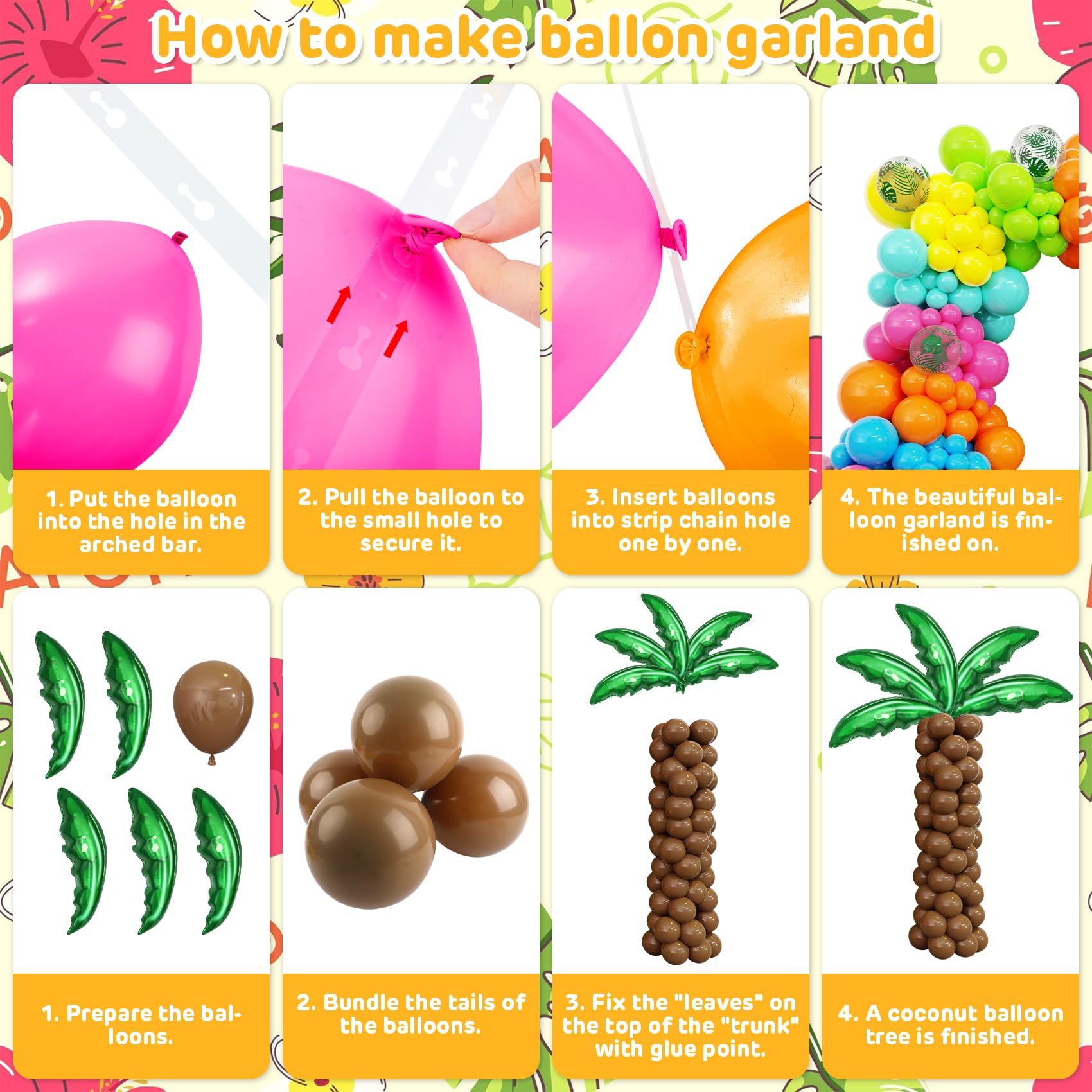Amandir 160-Piece Hawaiian Luau Balloon Arch Kit with Aloha Foil Balloons, Pineapple, Palm Tree - Tropical Summer Party Decorations