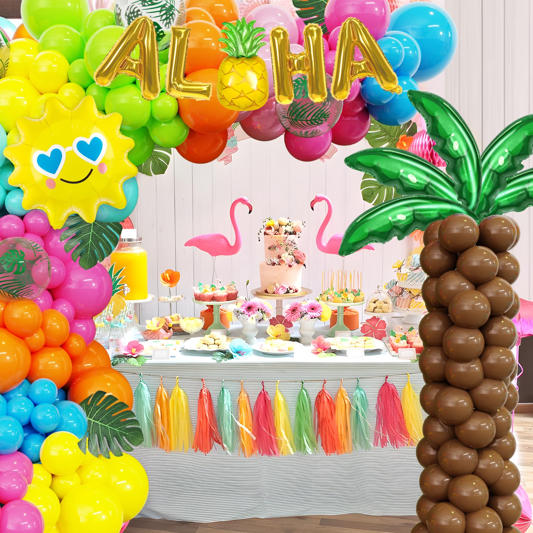 Amandir 160-Piece Hawaiian Luau Balloon Arch Kit with Aloha Foil Balloons, Pineapple, Palm Tree - Tropical Summer Party Decorations