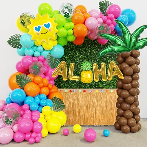 Amandir 160-Piece Hawaiian Luau Balloon Arch Kit with Aloha Foil Balloons, Pineapple, Palm Tree - Tropical Summer Party Decorations