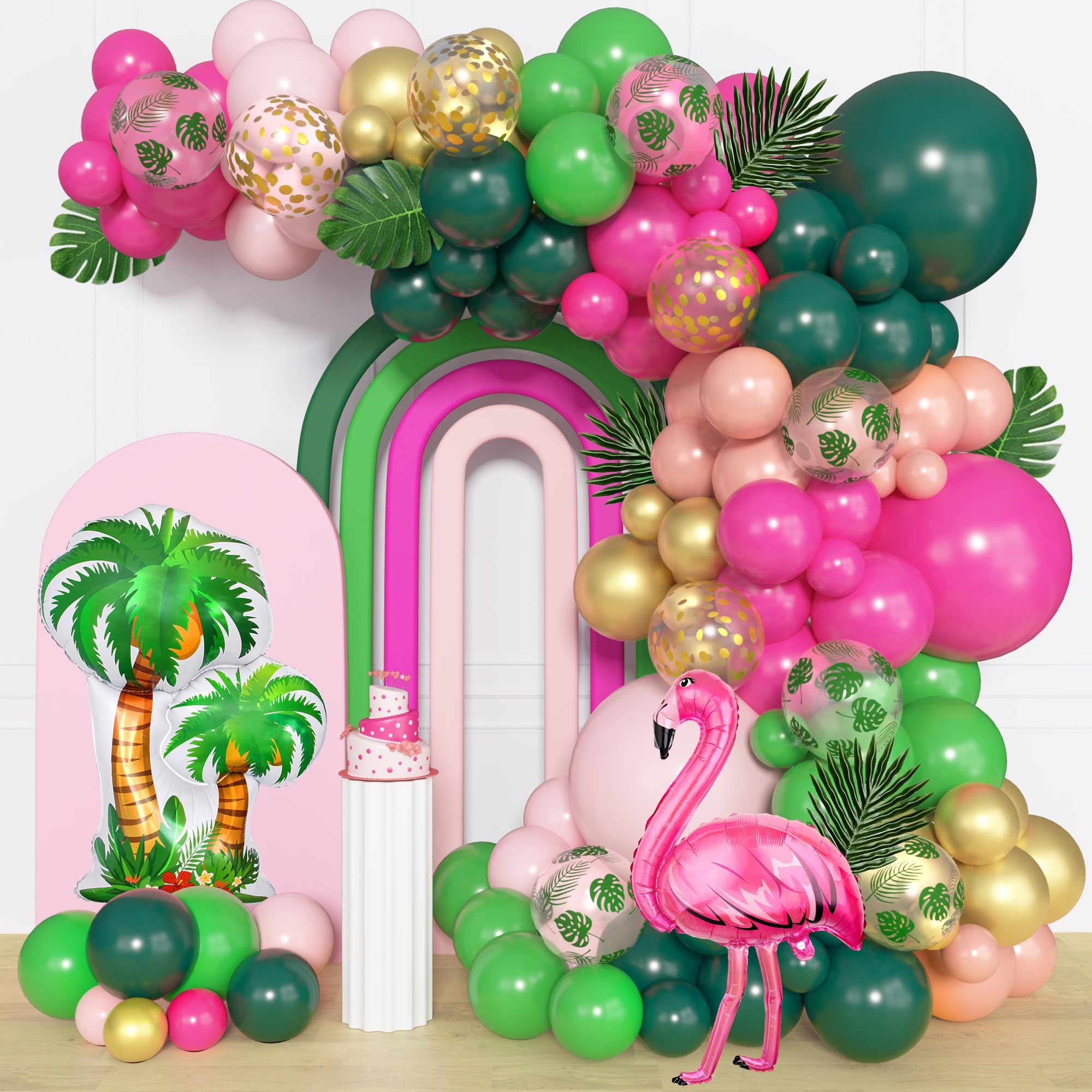 Amandir 165-Piece Flamingo Tropical Balloon Arch Kit – Hot Pink, Green, Gold Foil & Confetti Balloons with Palm Leaves for Hawaiian Luau Beach Party