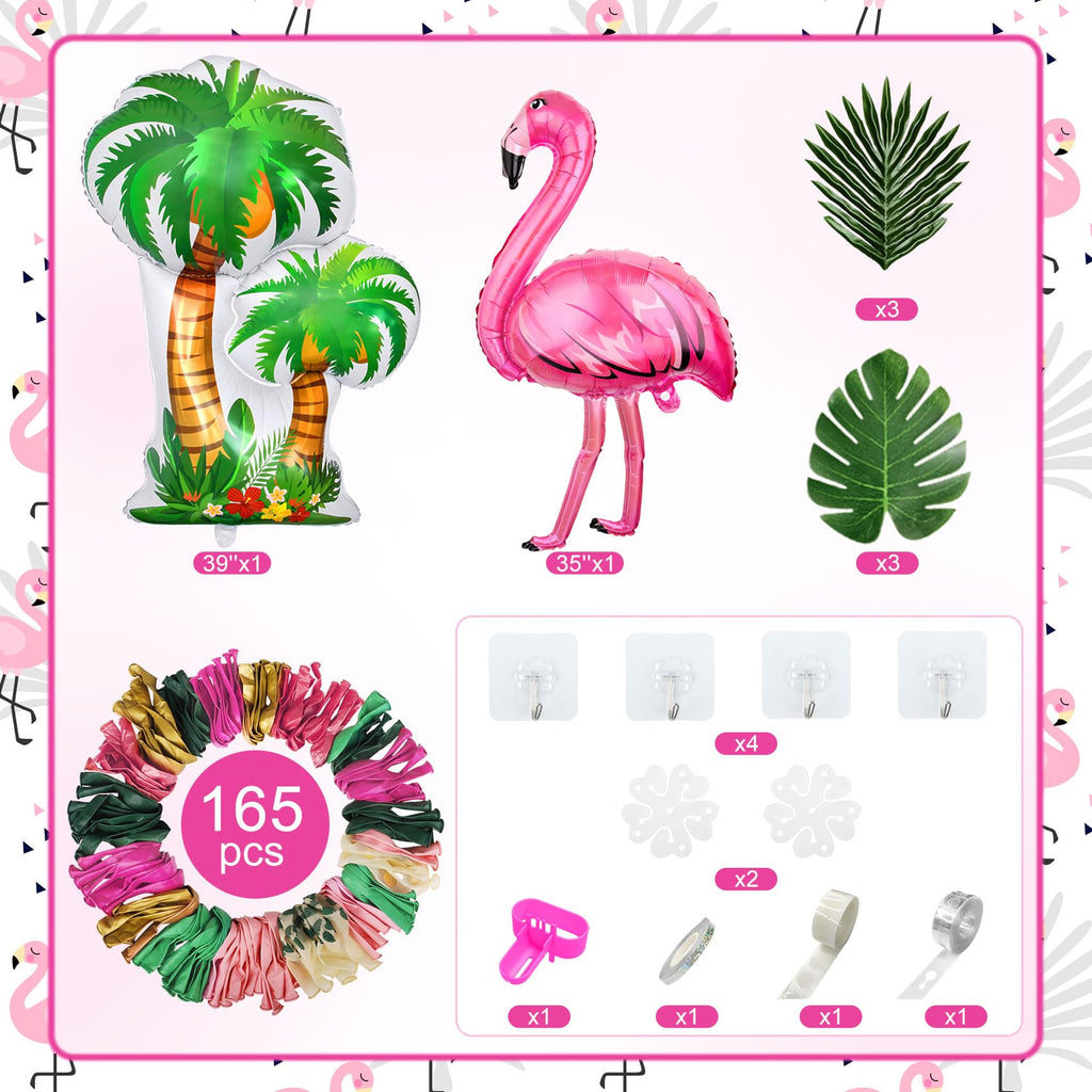 Amandir 165-Piece Flamingo Tropical Balloon Arch Kit – Hot Pink, Green, Gold Foil & Confetti Balloons with Palm Leaves for Hawaiian Luau Beach Party