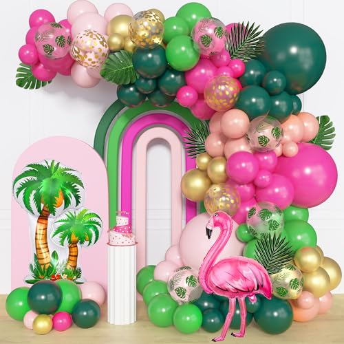 Amandir 165-Piece Flamingo Tropical Balloon Arch Kit – Hot Pink, Green, Gold Foil & Confetti Balloons with Palm Leaves for Hawaiian Luau Beach Party