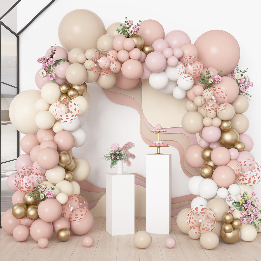 Amandir 173-Piece Boho Dusty Pink Balloon Arch Kit - Neutral Tones with Confetti and Metallic Gold for Baby Showers, Birthdays, and More