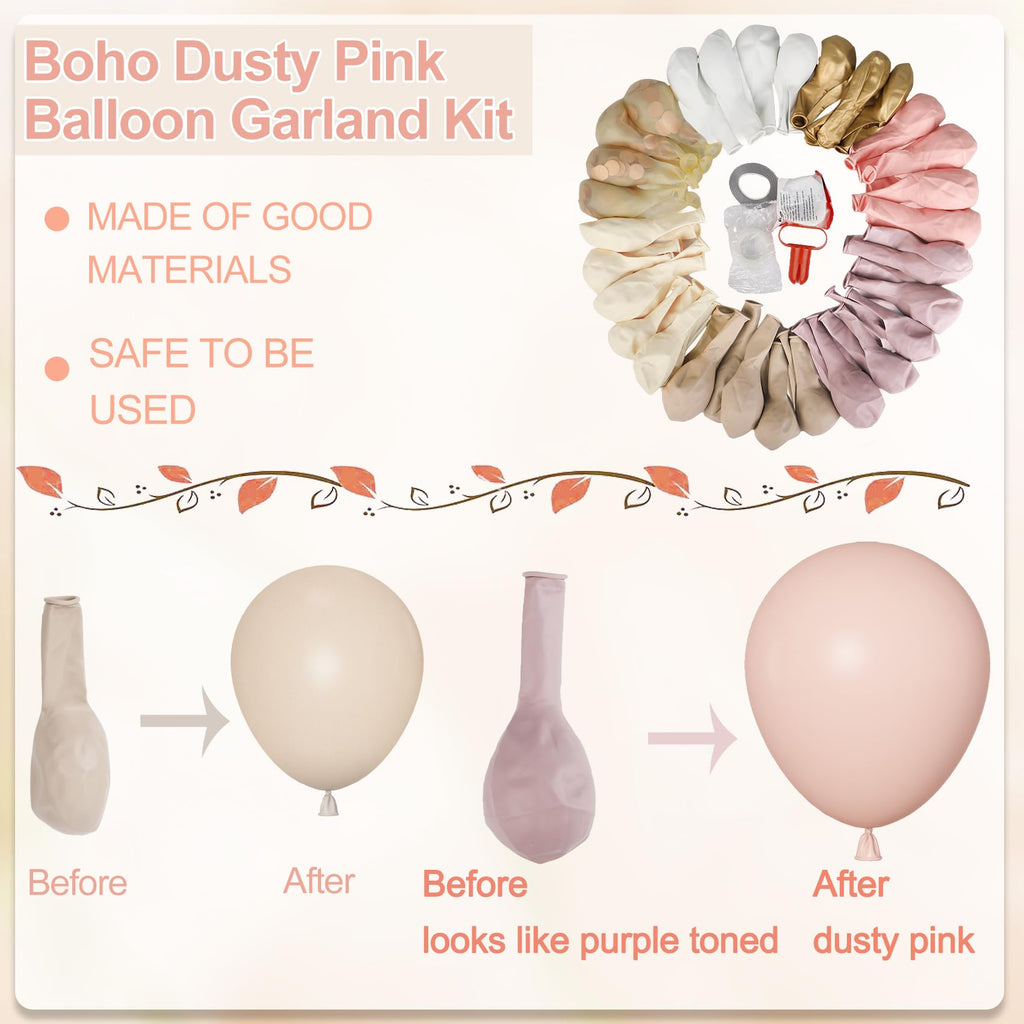 Amandir 173-Piece Boho Dusty Pink Balloon Arch Kit - Neutral Tones with Confetti and Metallic Gold for Baby Showers, Birthdays, and More