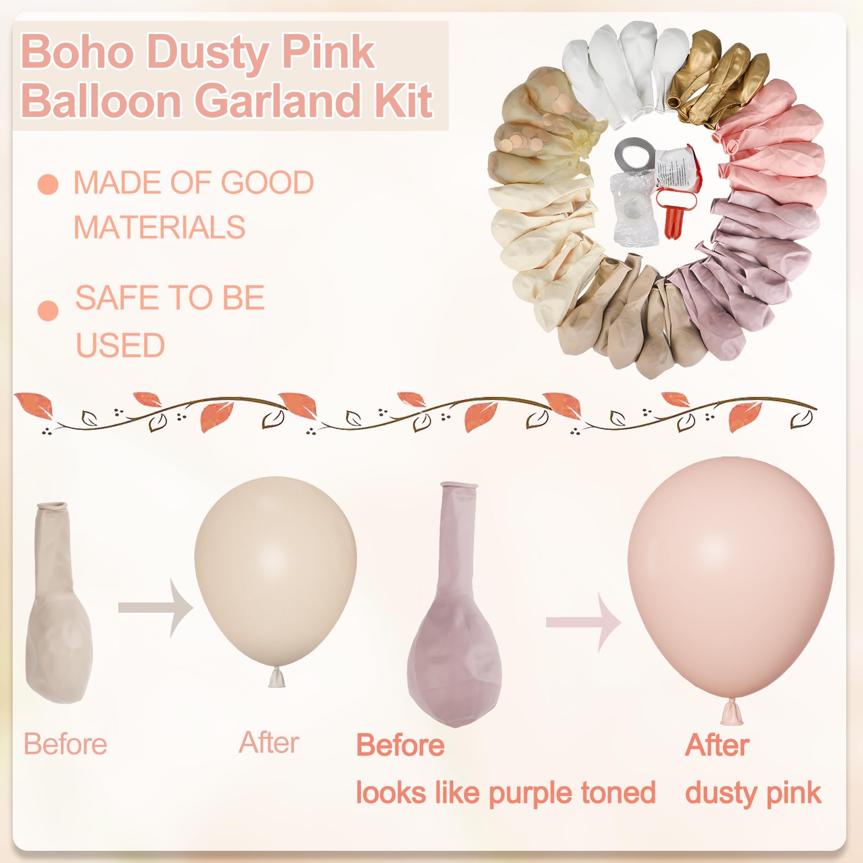 Amandir 173-Piece Boho Dusty Pink Balloon Arch Kit - Neutral Tones with Confetti and Metallic Gold for Baby Showers, Birthdays, and More