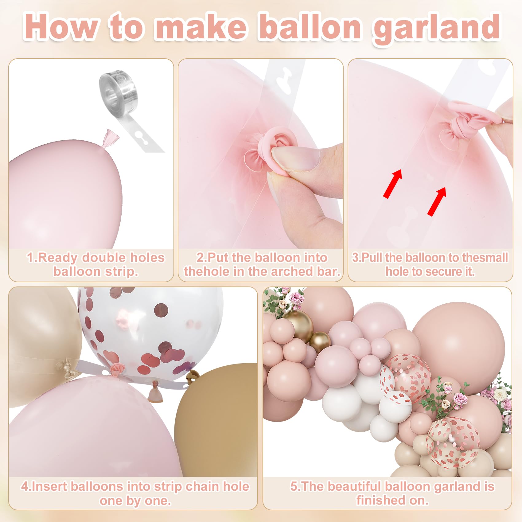 Amandir 173-Piece Boho Dusty Pink Balloon Arch Kit - Neutral Tones with Confetti and Metallic Gold for Baby Showers, Birthdays, and More