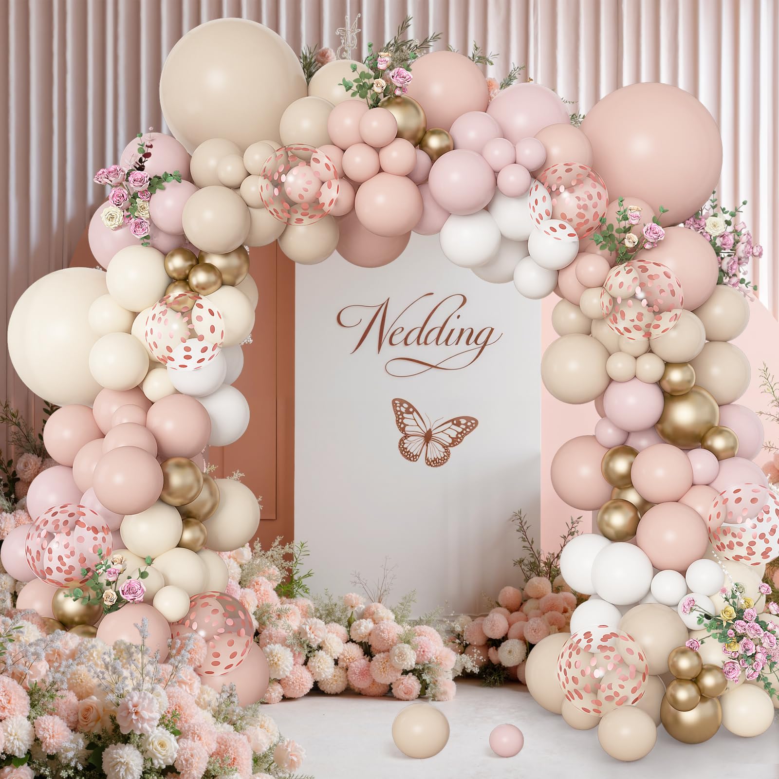Amandir 173-Piece Boho Dusty Pink Balloon Arch Kit - Neutral Tones with Confetti and Metallic Gold for Baby Showers, Birthdays, and More