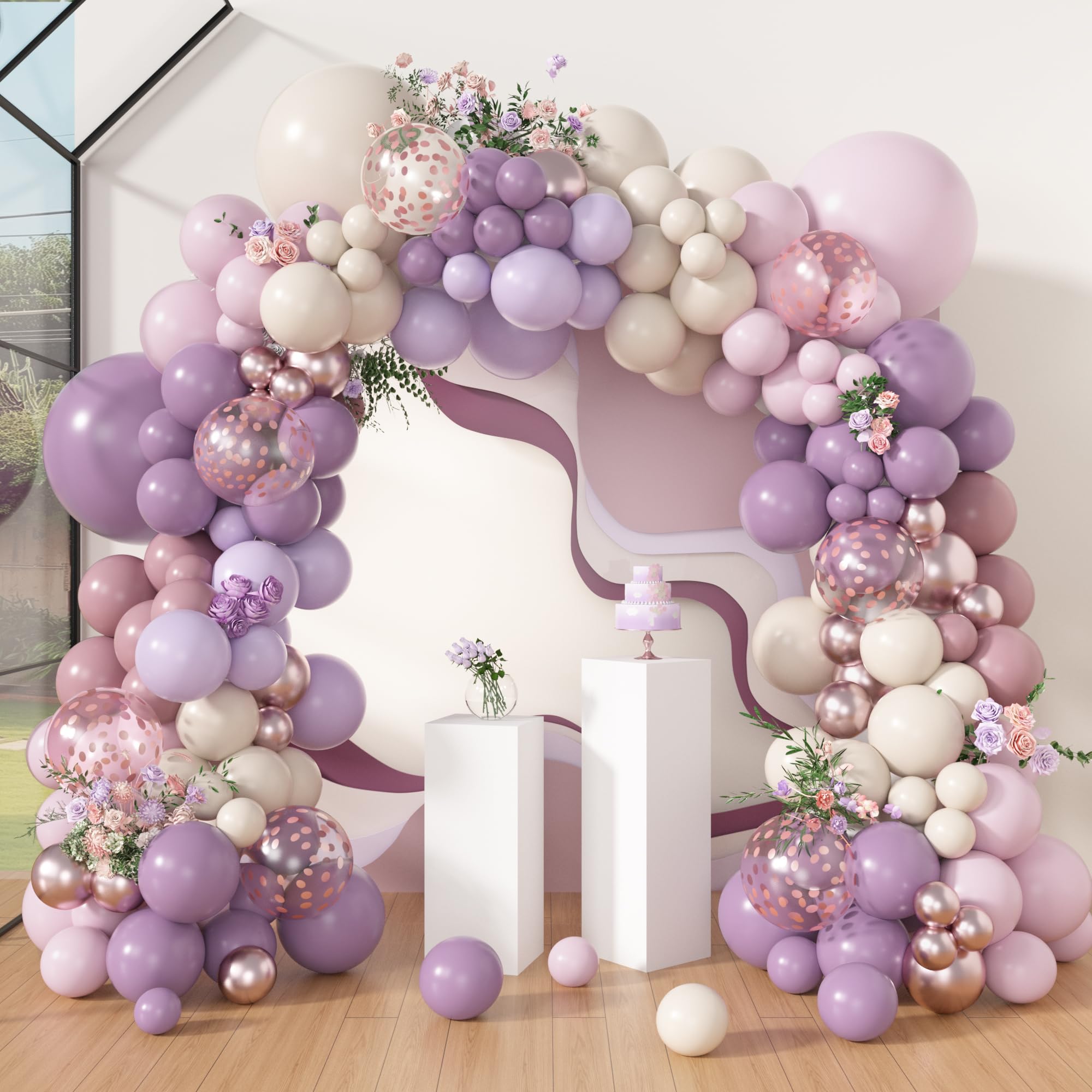 Amandir 173-Piece Dusty Purple Balloon Arch Kit – with Double-Stuffed Pink, White Sand, Lavender & Rose Gold Confetti Balloons for Bridal Showers, Weddings & Birthday Parties