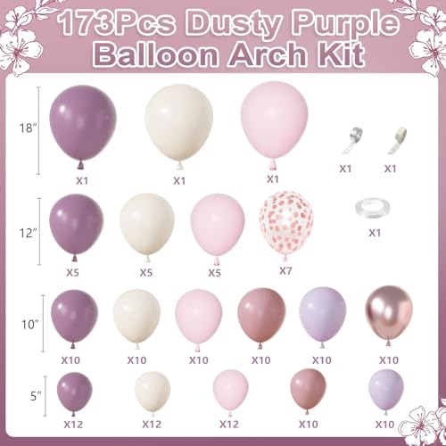 Amandir 173-Piece Dusty Purple Balloon Arch Kit – with Double-Stuffed Pink, White Sand, Lavender & Rose Gold Confetti Balloons for Bridal Showers, Weddings & Birthday Parties
