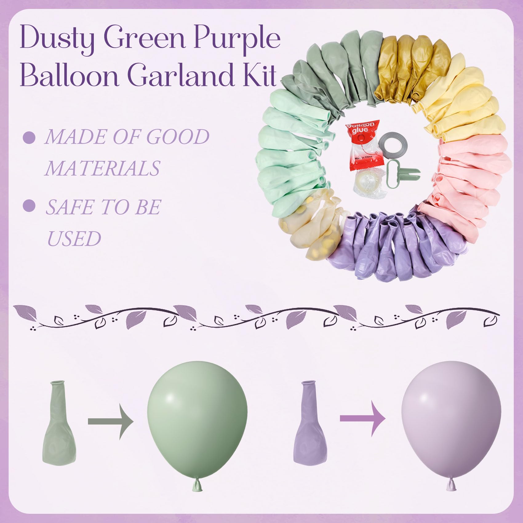 Amandir 173-Piece Pastel Balloon Arch Garland Kit - Dusty Green, Purple, Pink, Yellow with Confetti