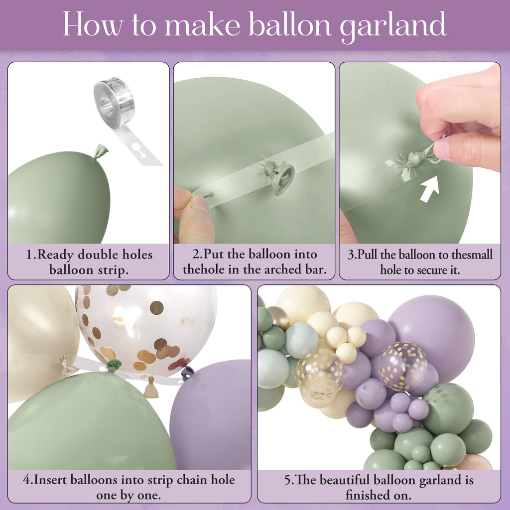 Amandir 173-Piece Pastel Balloon Arch Garland Kit - Dusty Green, Purple, Pink, Yellow with Confetti