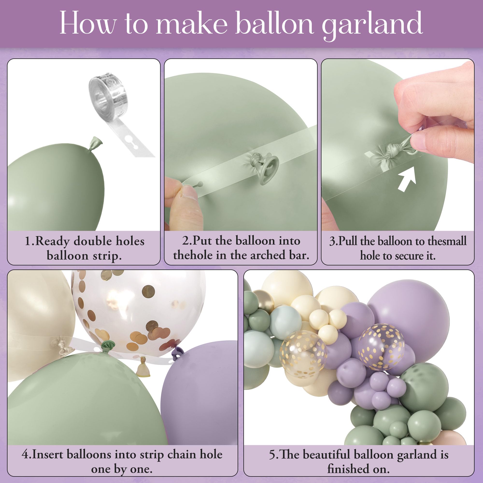 Amandir 173-Piece Pastel Balloon Arch Garland Kit - Dusty Green, Purple, Pink, Yellow with Confetti