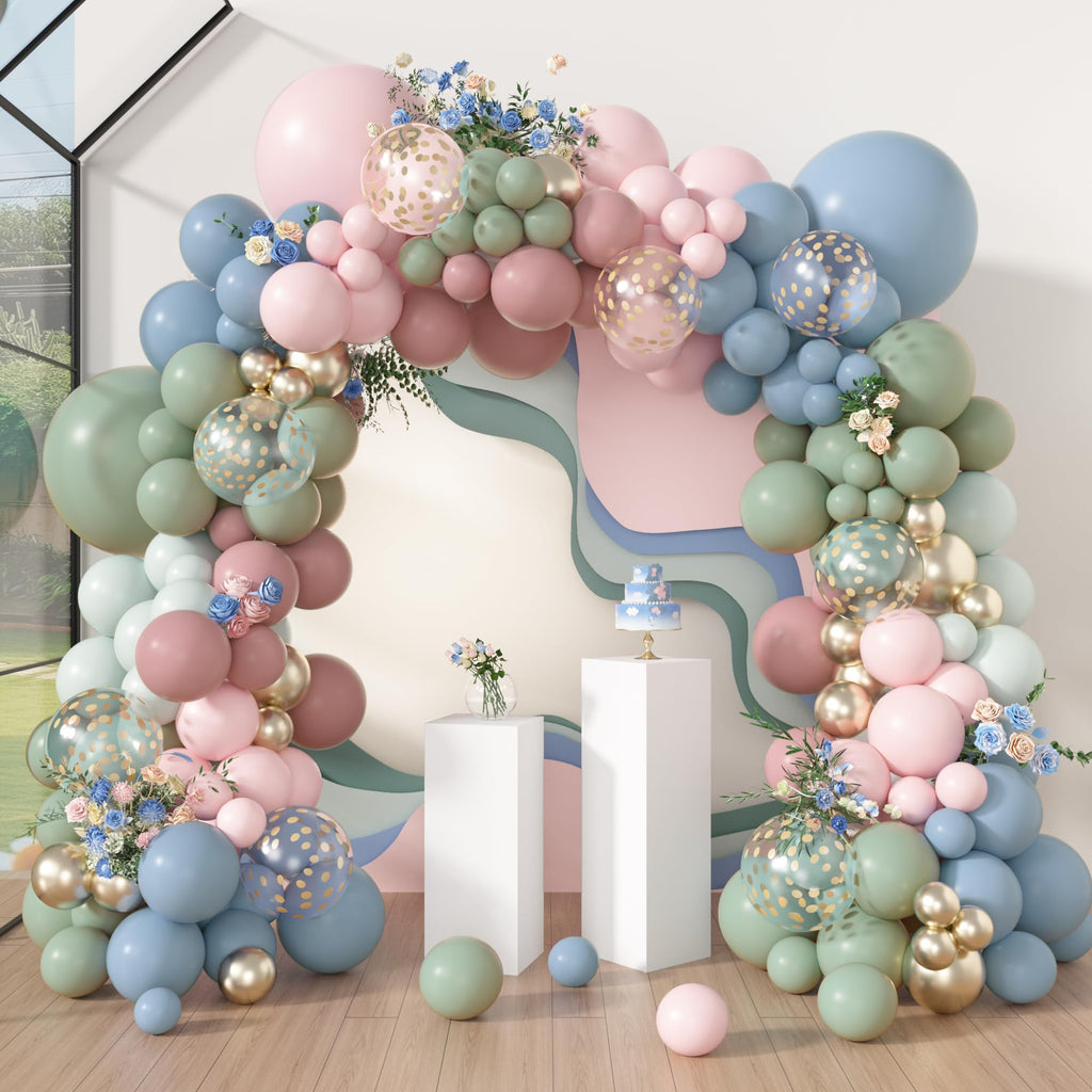 Amandir 173-Piece Pastel Balloon Arch Kit – Dusty Pink, Blue, Green & Gold Confetti for Baby Showers & Gender Reveals