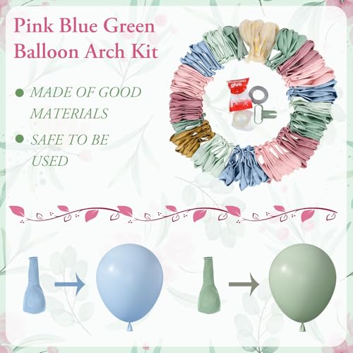 Amandir 173-Piece Pastel Balloon Arch Kit – Dusty Pink, Blue, Green & Gold Confetti for Baby Showers & Gender Reveals