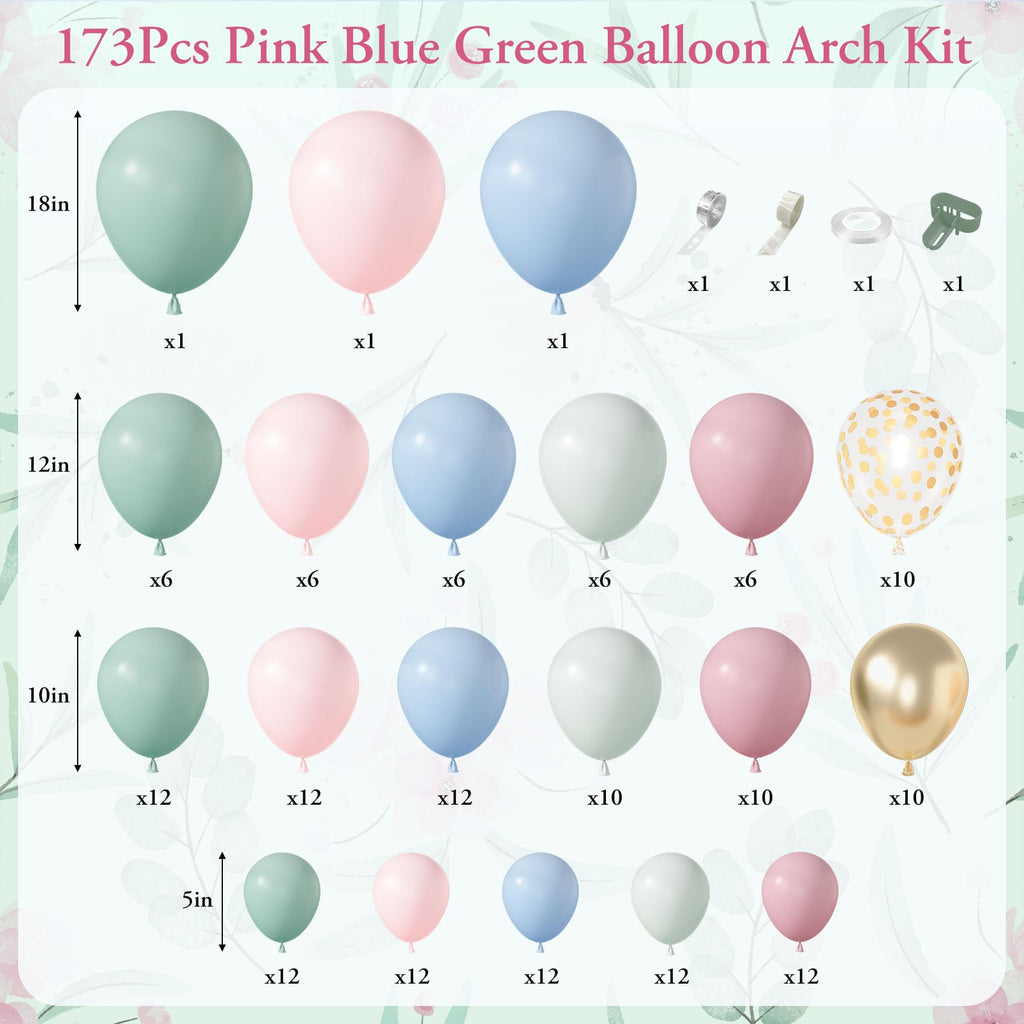 Amandir 173-Piece Pastel Balloon Arch Kit – Dusty Pink, Blue, Green & Gold Confetti for Baby Showers & Gender Reveals