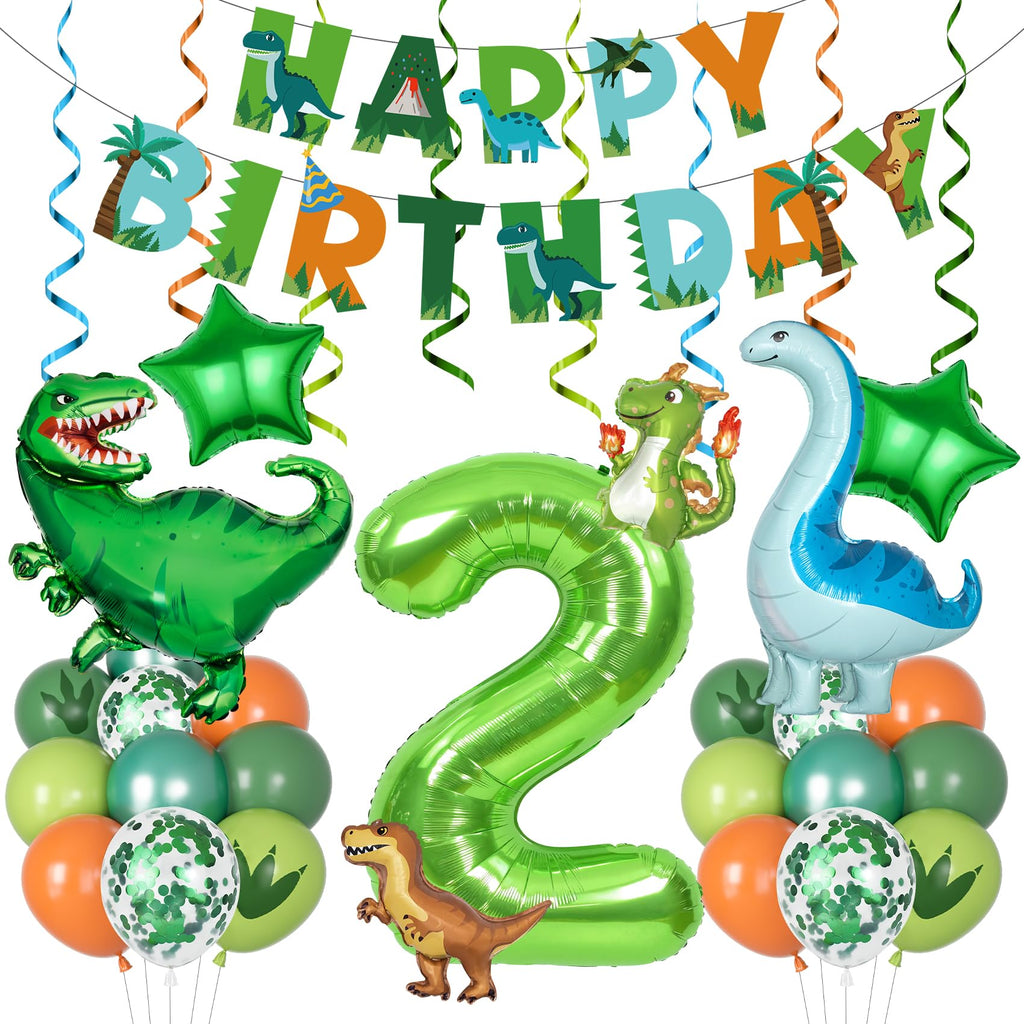 Amandir Dinosaur 2nd Birthday Party Decorations - 47 Piece Dino Balloon Set with Foil Number 2, Banner, and Swirls