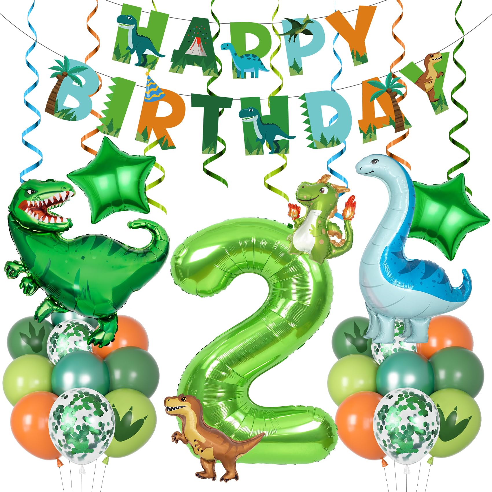Amandir Dinosaur 2nd Birthday Party Decorations - 47 Piece Dino Balloon Set with Foil Number 2, Banner, and Swirls
