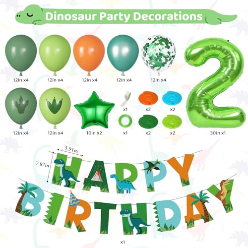 Amandir Dinosaur 2nd Birthday Party Decorations - 47 Piece Dino Balloon Set with Foil Number 2, Banner, and Swirls