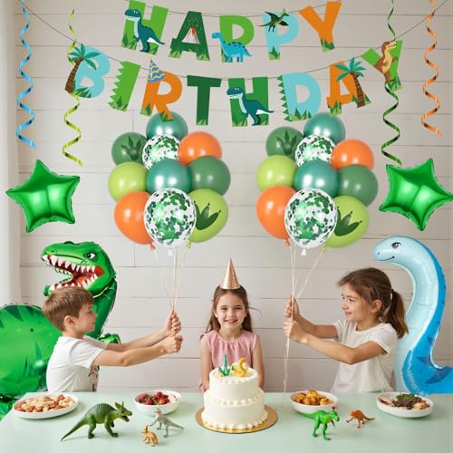 Amandir Dinosaur 2nd Birthday Party Decorations - 47 Piece Dino Balloon Set with Foil Number 2, Banner, and Swirls