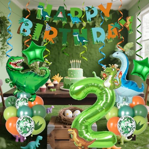 Amandir Dinosaur 2nd Birthday Party Decorations - 47 Piece Dino Balloon Set with Foil Number 2, Banner, and Swirls