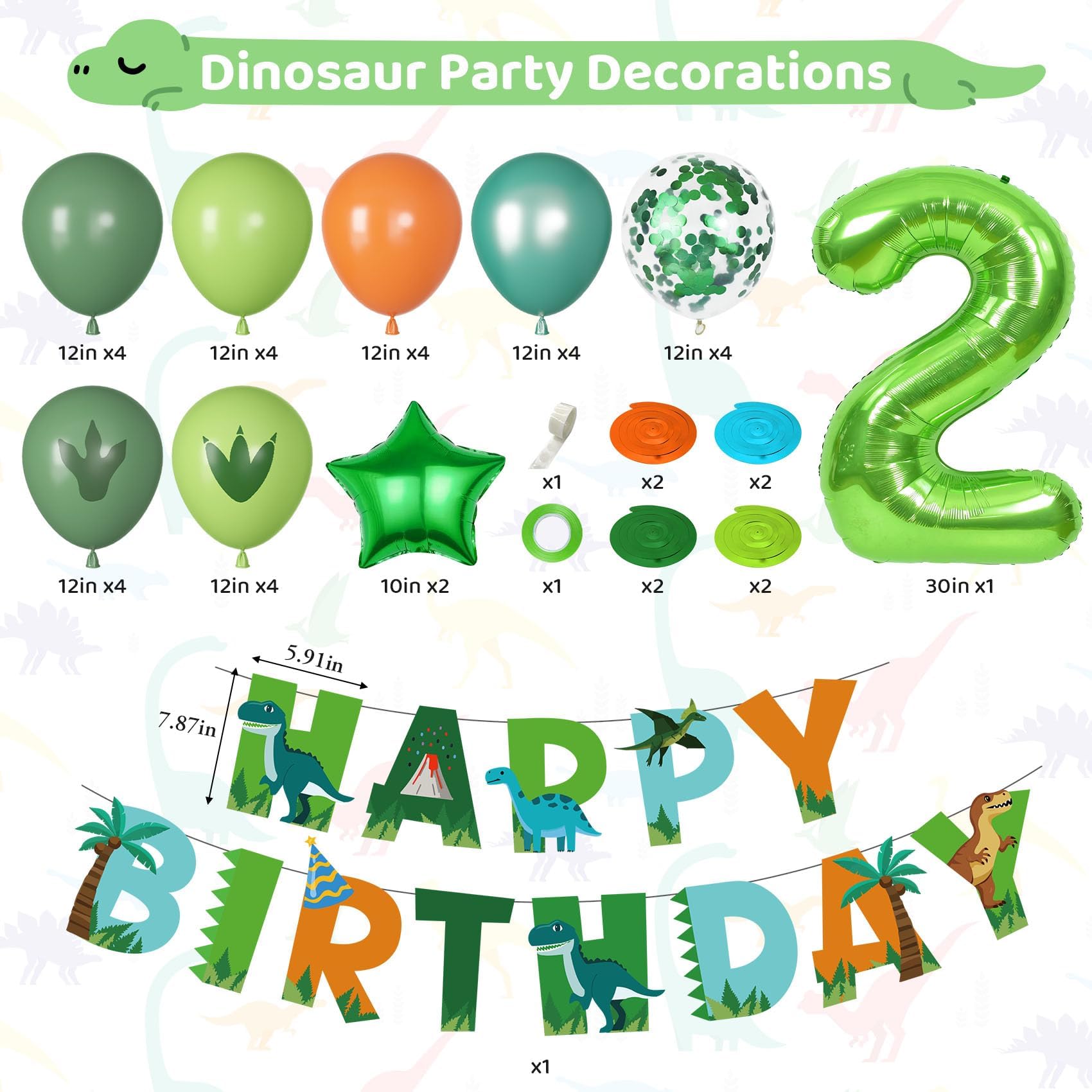 Amandir Dinosaur 2nd Birthday Party Decorations - 47 Piece Dino Balloon Set with Foil Number 2, Banner, and Swirls