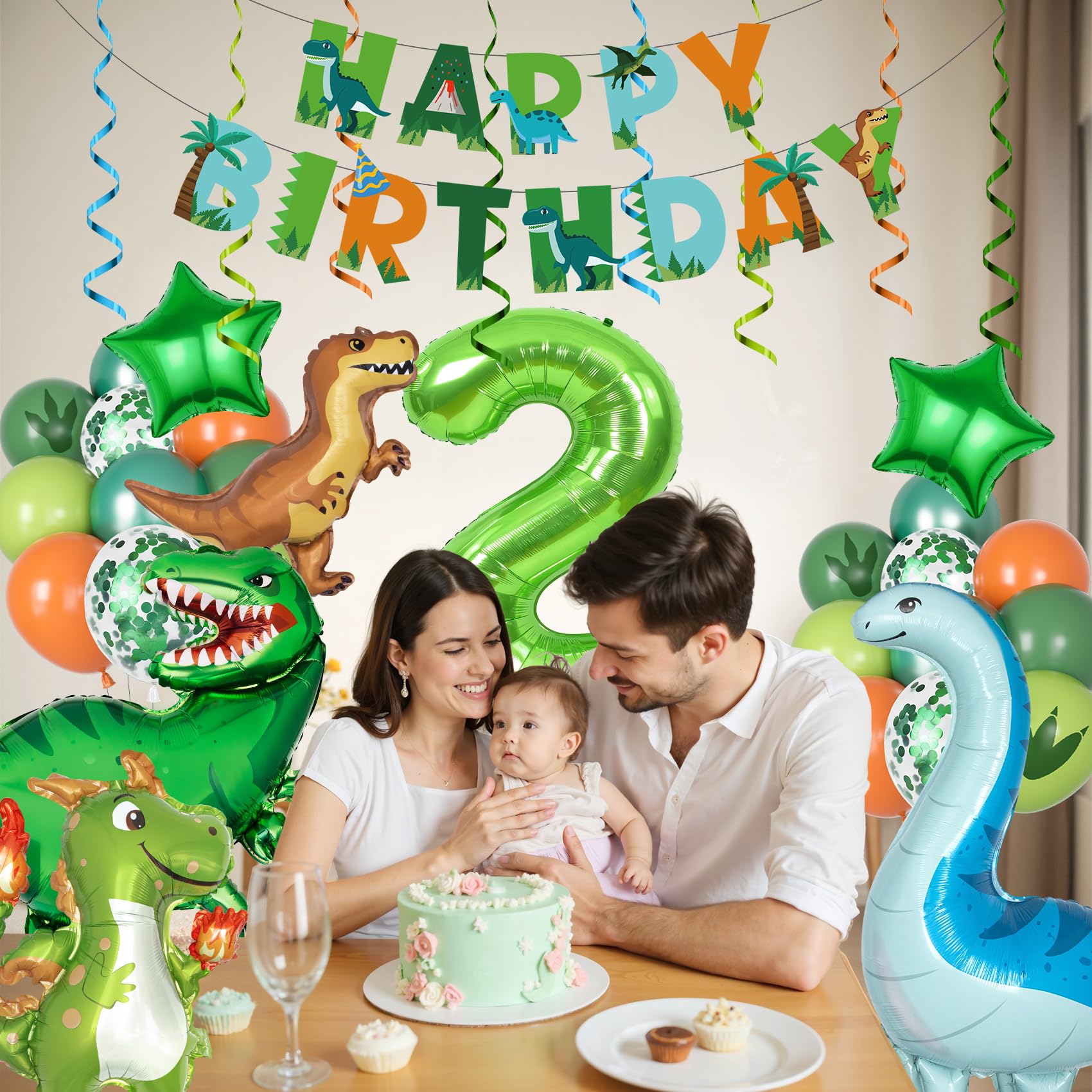 Amandir Dinosaur 2nd Birthday Party Decorations - 47 Piece Dino Balloon Set with Foil Number 2, Banner, and Swirls