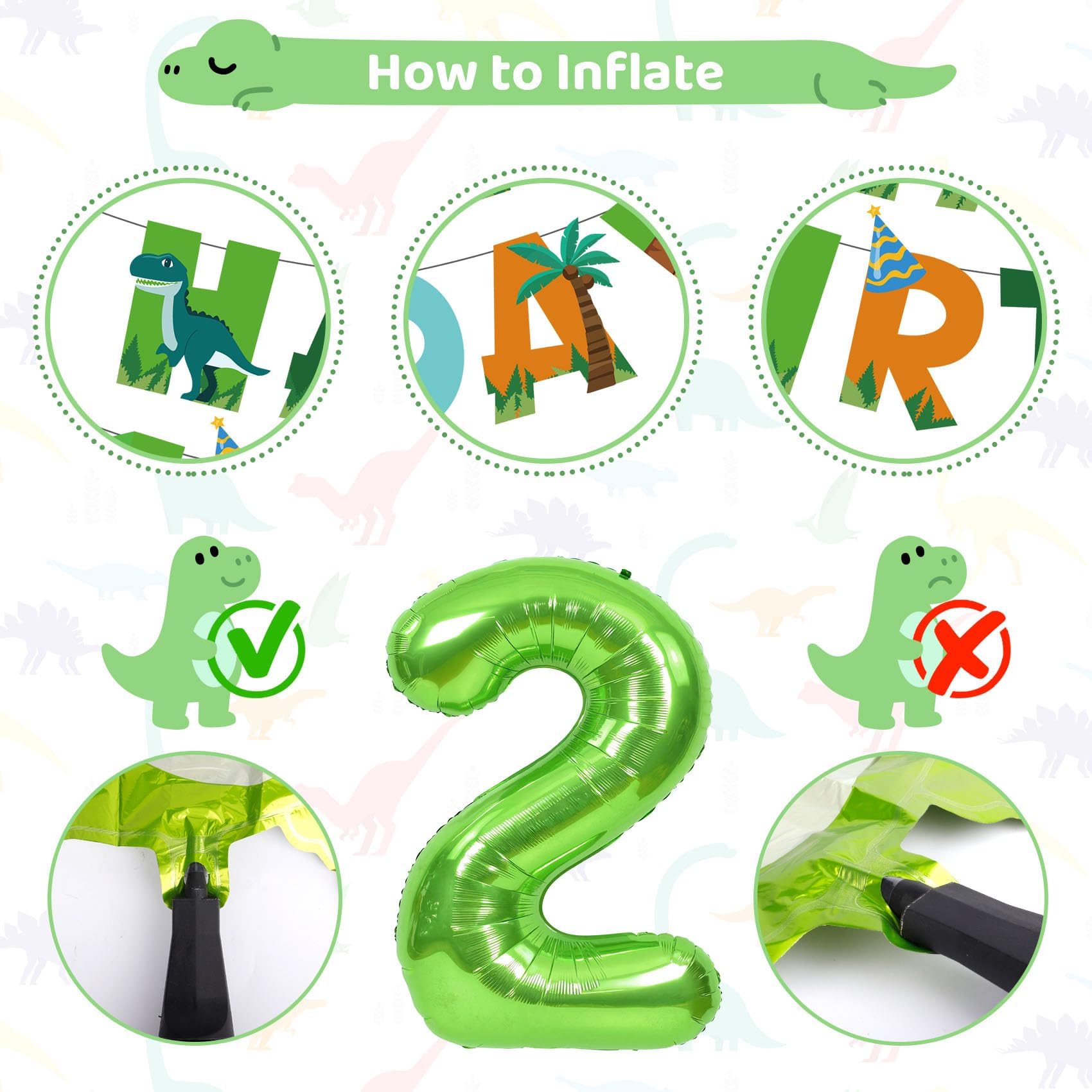 Amandir Dinosaur 2nd Birthday Party Decorations - 47 Piece Dino Balloon Set with Foil Number 2, Banner, and Swirls