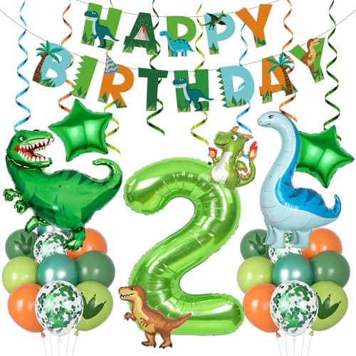 Amandir Dinosaur 2nd Birthday Party Decorations - 47 Piece Dino Balloon Set with Foil Number 2, Banner, and Swirls