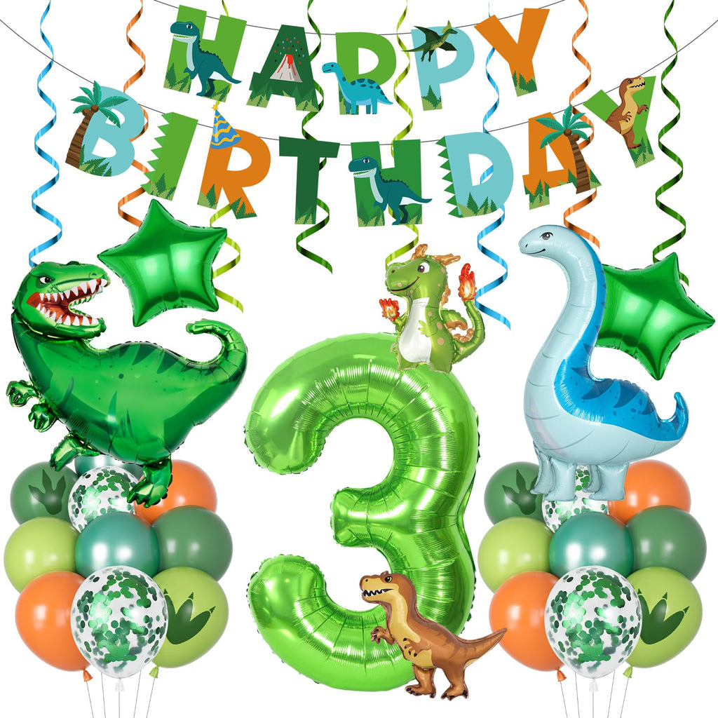 Amandir Dinosaur 3rd Birthday Party Decorations – 47-Piece Foil Balloon Kit with Number 3, Star, and Hanging Swirls